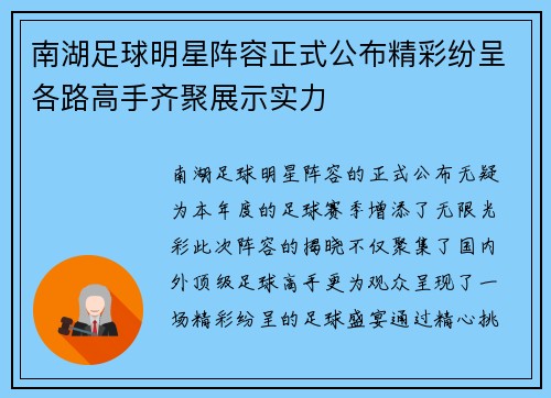 南湖足球明星阵容正式公布精彩纷呈各路高手齐聚展示实力