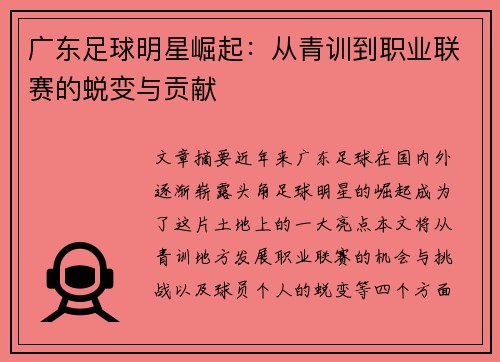 广东足球明星崛起：从青训到职业联赛的蜕变与贡献
